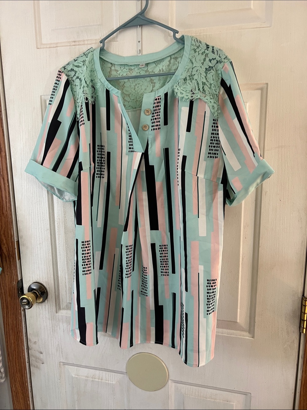 Mint Lace-Yoke Geometric Stripe Tunic Top